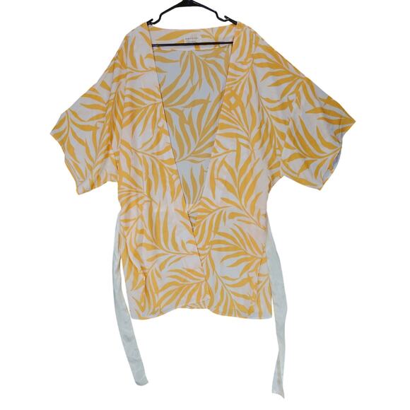 Maison Du Soir Kimono Robe M L Women Short Cream Peach Leaves Silky Tie Waist - Picture 2 of 10